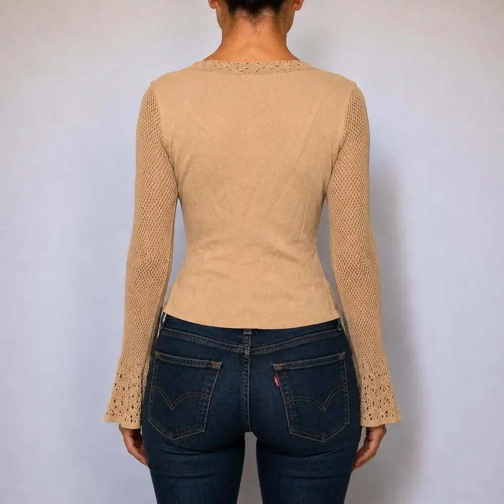 2000s Boho Fairy Tan Beaded Crochet Bell Sleeve Tie Front Blouse Cardigan Size M